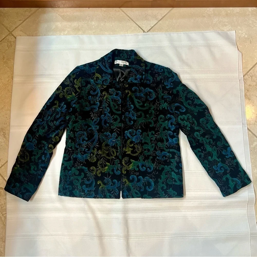 Harvé Benard Black Teal‎ Velvet Damask Open Front Jacket Blazer Sz 12